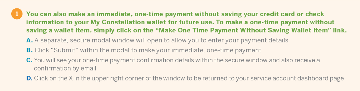 Step-by-step instructions on making a one-time payment without saving a wallet item in My Constellation