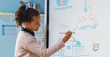 girl drawing about energy on whiteboard