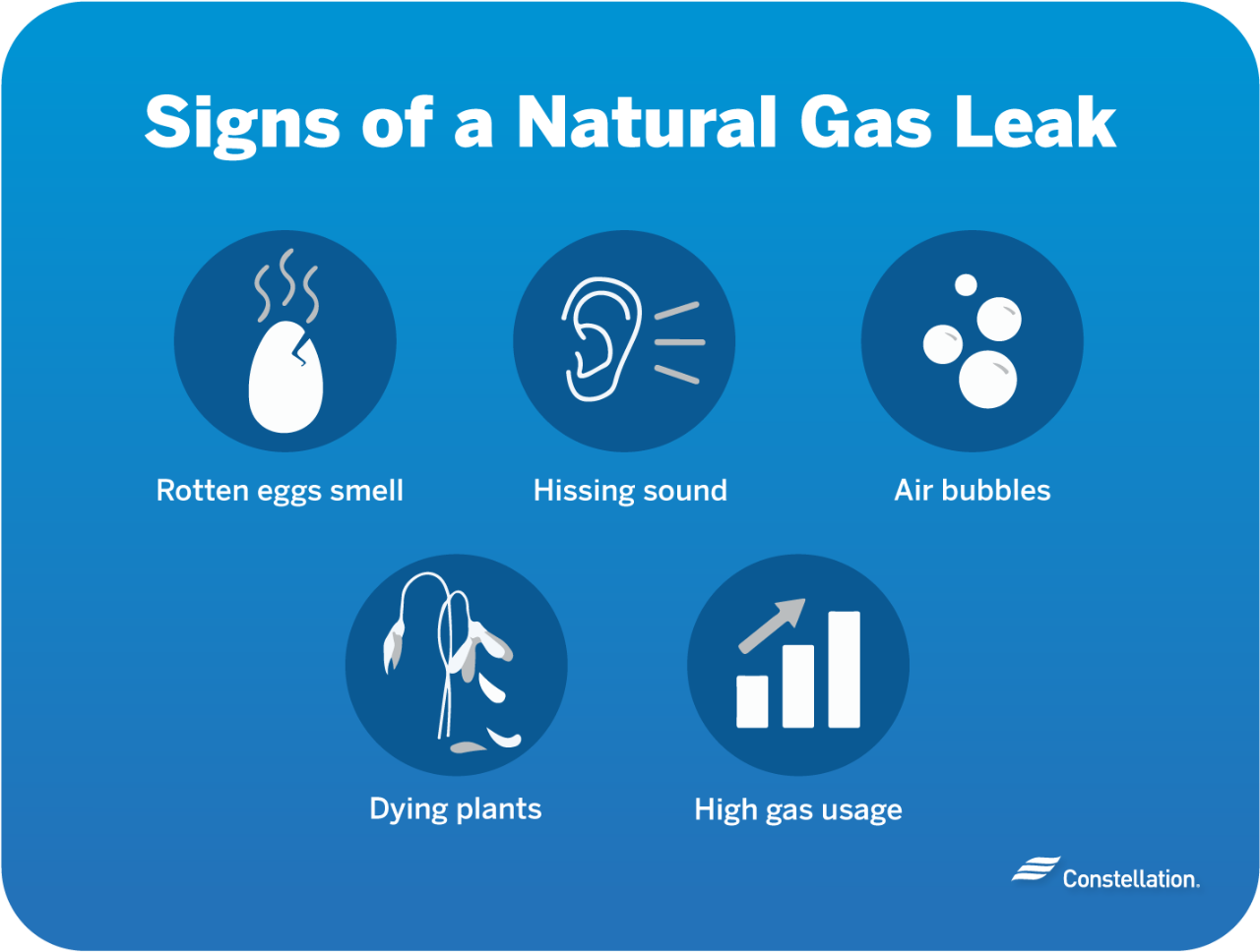 Signs of a Natural Gas Leak Rotten eggs smell, hissing sounds, air bubbles in standing water outdoors, dying plants, symptoms of gas poisoning, and high gas usage all can indicate a natural gas leak.
