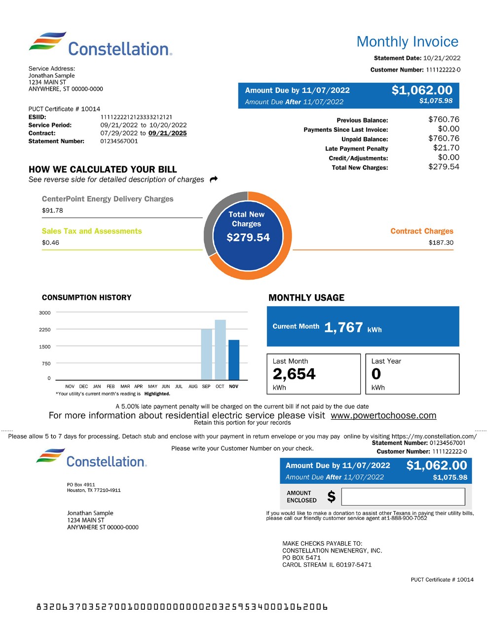 Sample electricity bill from Constellation