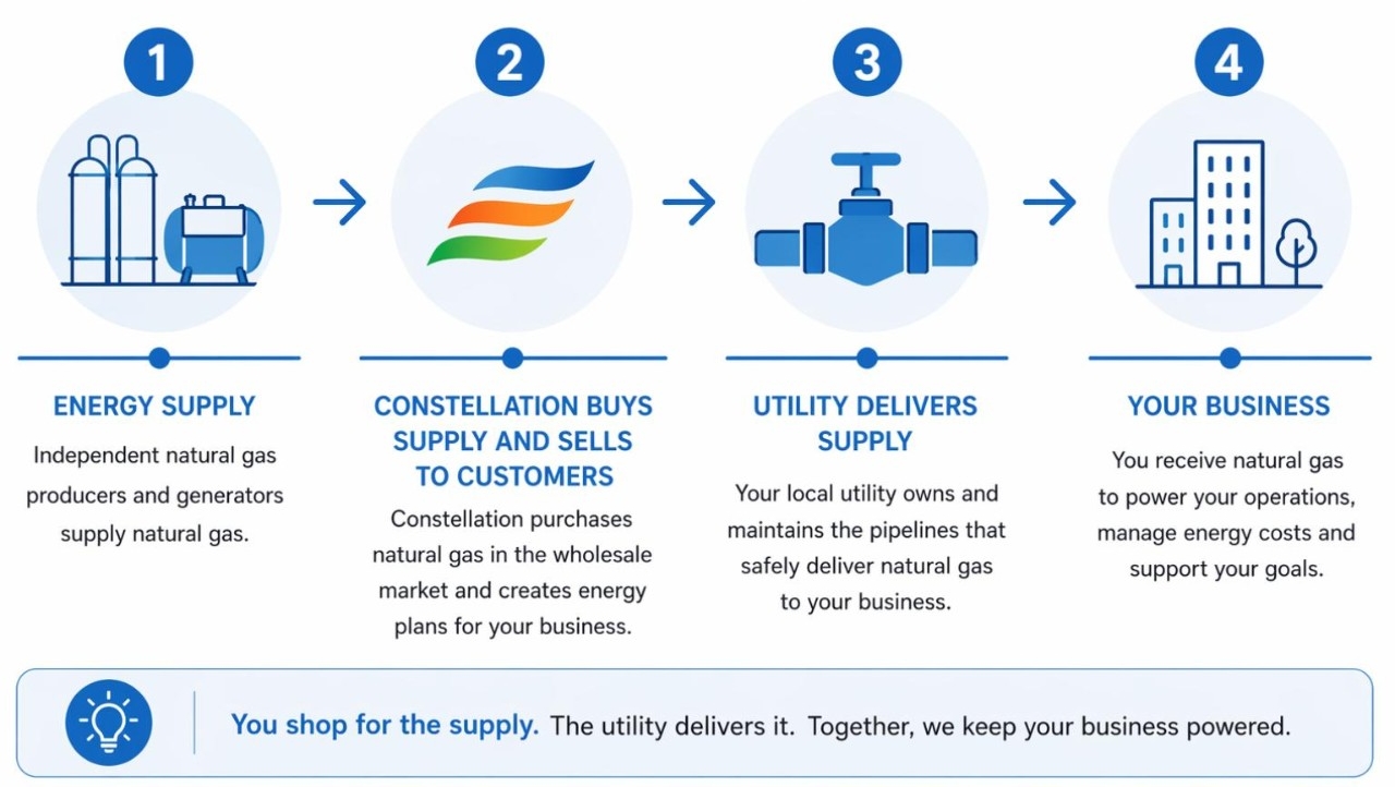 How natural gas gets to your business in Georgia. It starts with generating energy supply, followed by a supplier buying the supply and selling to customers. Then the utility delivers the supply to your business
