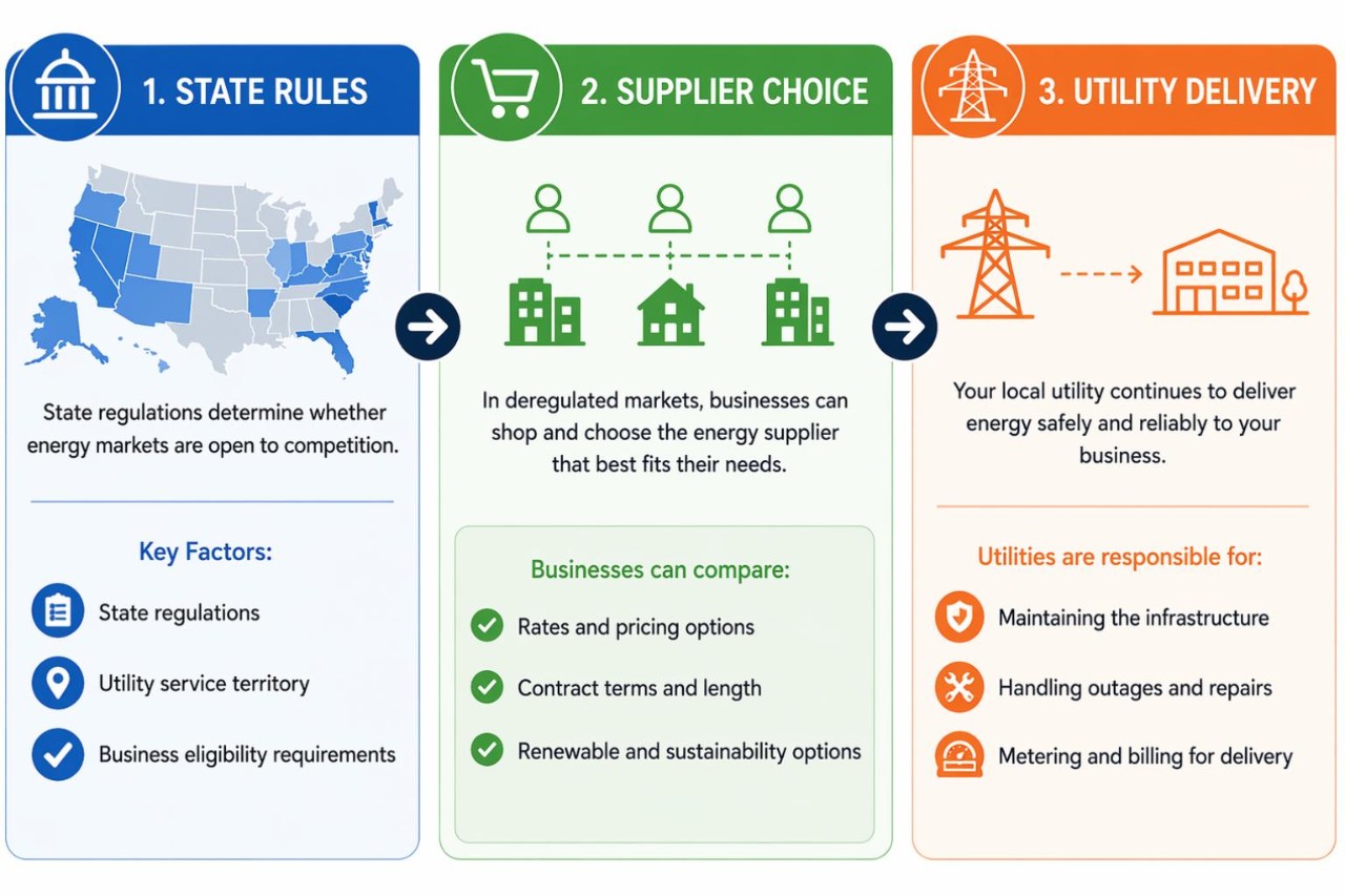 how business energy markets work in three steps: state rules determine if energy competition is allowed, supplier choice enables businesses in deregulated markets to choose the energy supplier, compare rates, contract terms, and renewable options, and utility delivery means your local utility continues to deliver energy to businesses, maintains the infrastructure, handles outages and repairs and metering and billing for delivery.