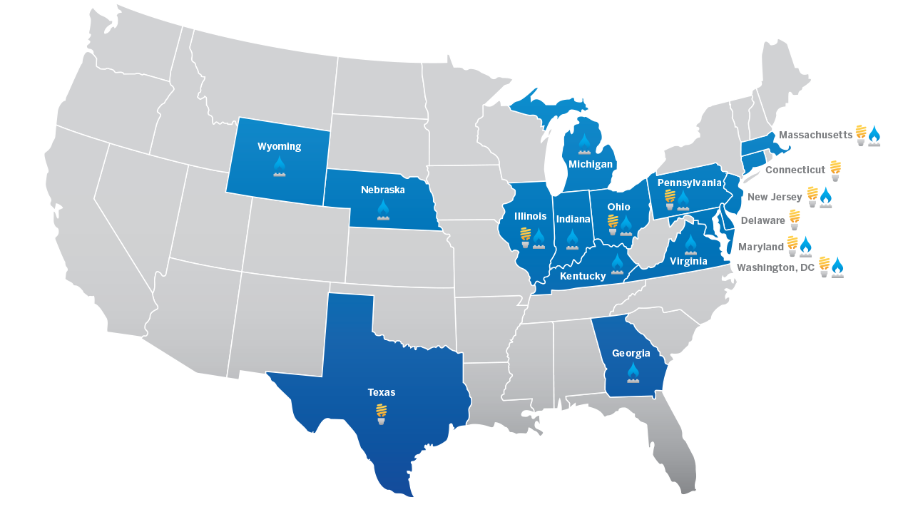 US map highlighting the states that Constellation serves electricity 