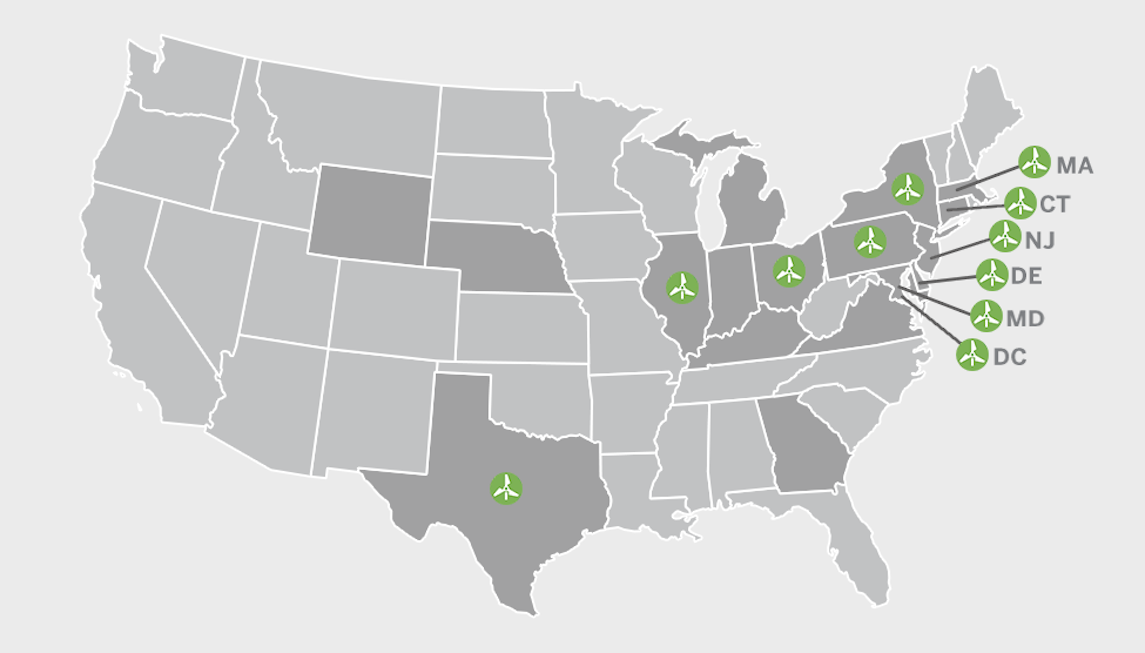 US map highlighting the states that Constellation serves renewable energy