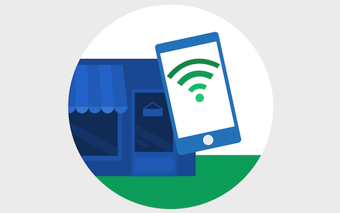 Illustration of small business store front with cell phone icon showing wifi symbol