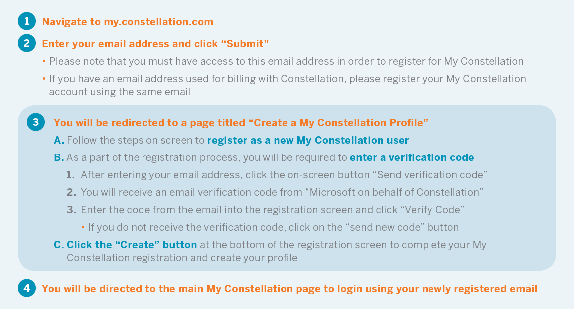 Step-by-step directions on how new users can log into My Constellation