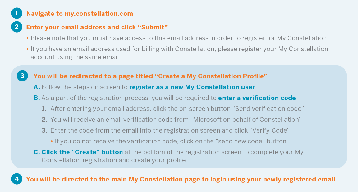 Step-by-step instructions for new users on how to create a profile and log in to My Constellation Step-by-step instructions for new users on how to create a profile and log in to My Constellation