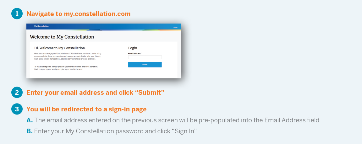 Step-by-step instructions for returning users on how to log in to My Constellation Step-by-step instructions for returning users on how to log in to My Constellation